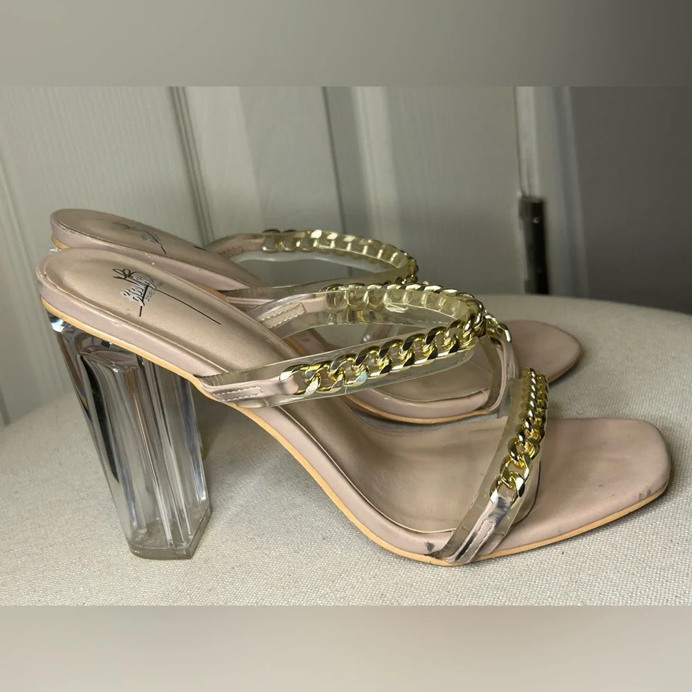 Bisou Bisou Nude Acrylic Block Heels Gold Chain Straps Formal Evening Bling Sz 9